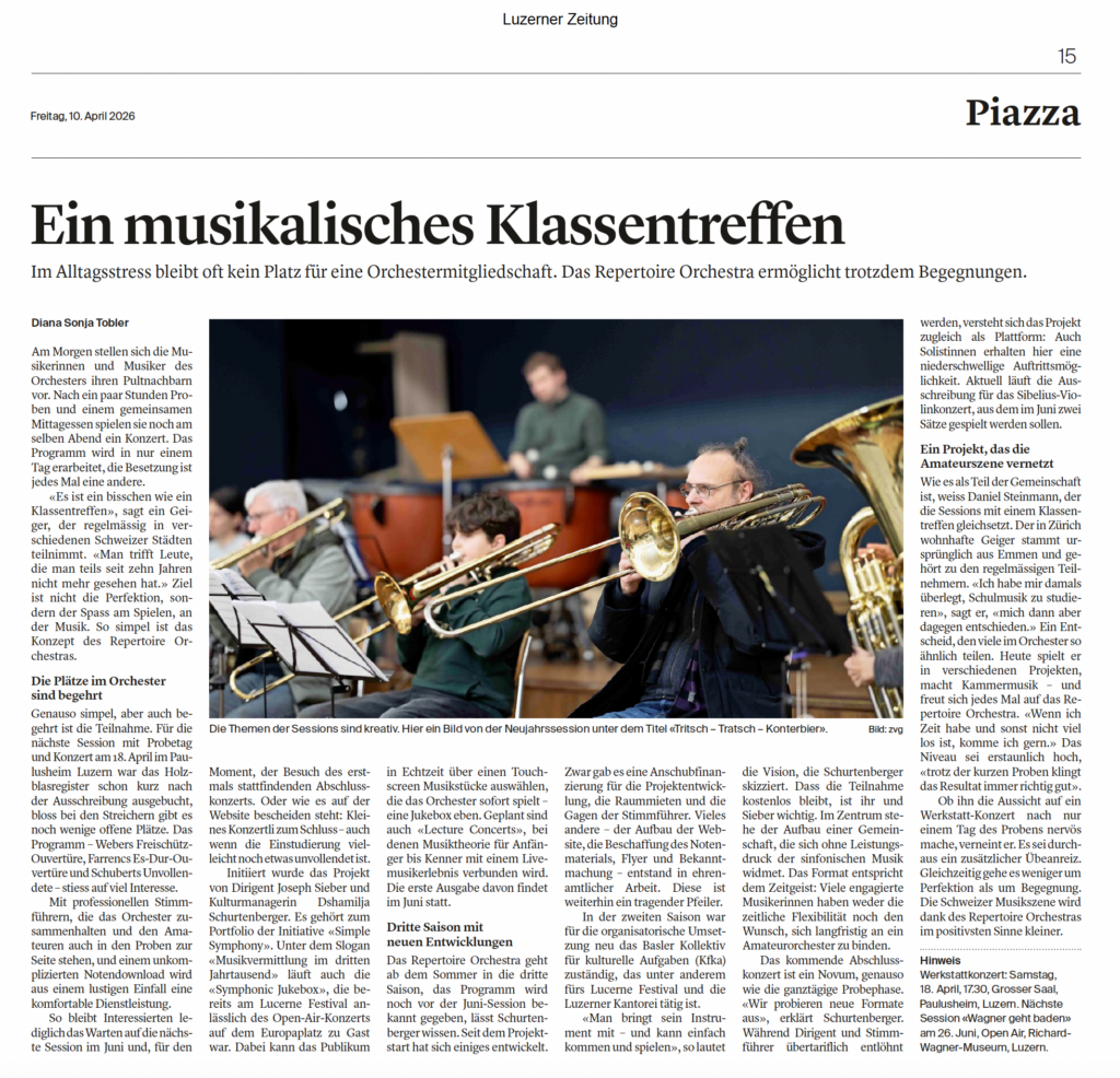 Pressebericht der Luzerner Zeitung über das Repertoire Orchestra: «Ein musikalisches Klassentreffen»