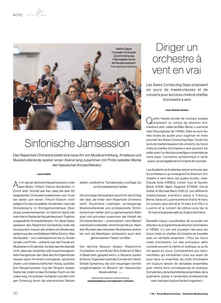 Pressebericht der Revue Musicale Suisse über das Repertoire Orchestra: «Sinfonische Jamsession»